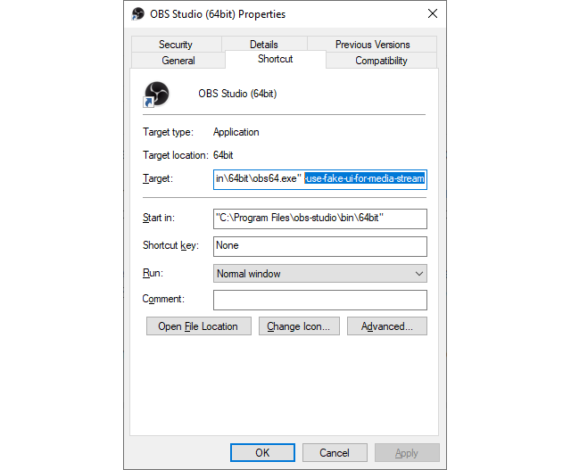 windows OBS shortcut properties